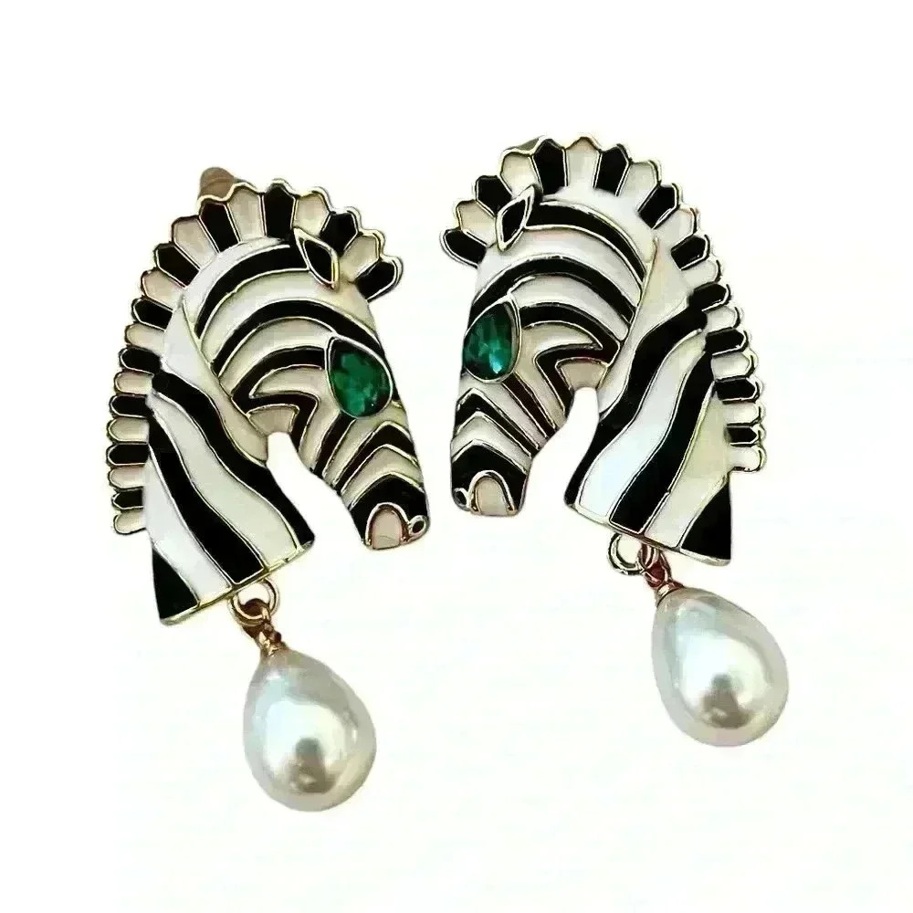 Elegant Zebra Head Stud Pendant Earrings - Green Crystal Eyes, Pearl Drops - Picture 5 of 7